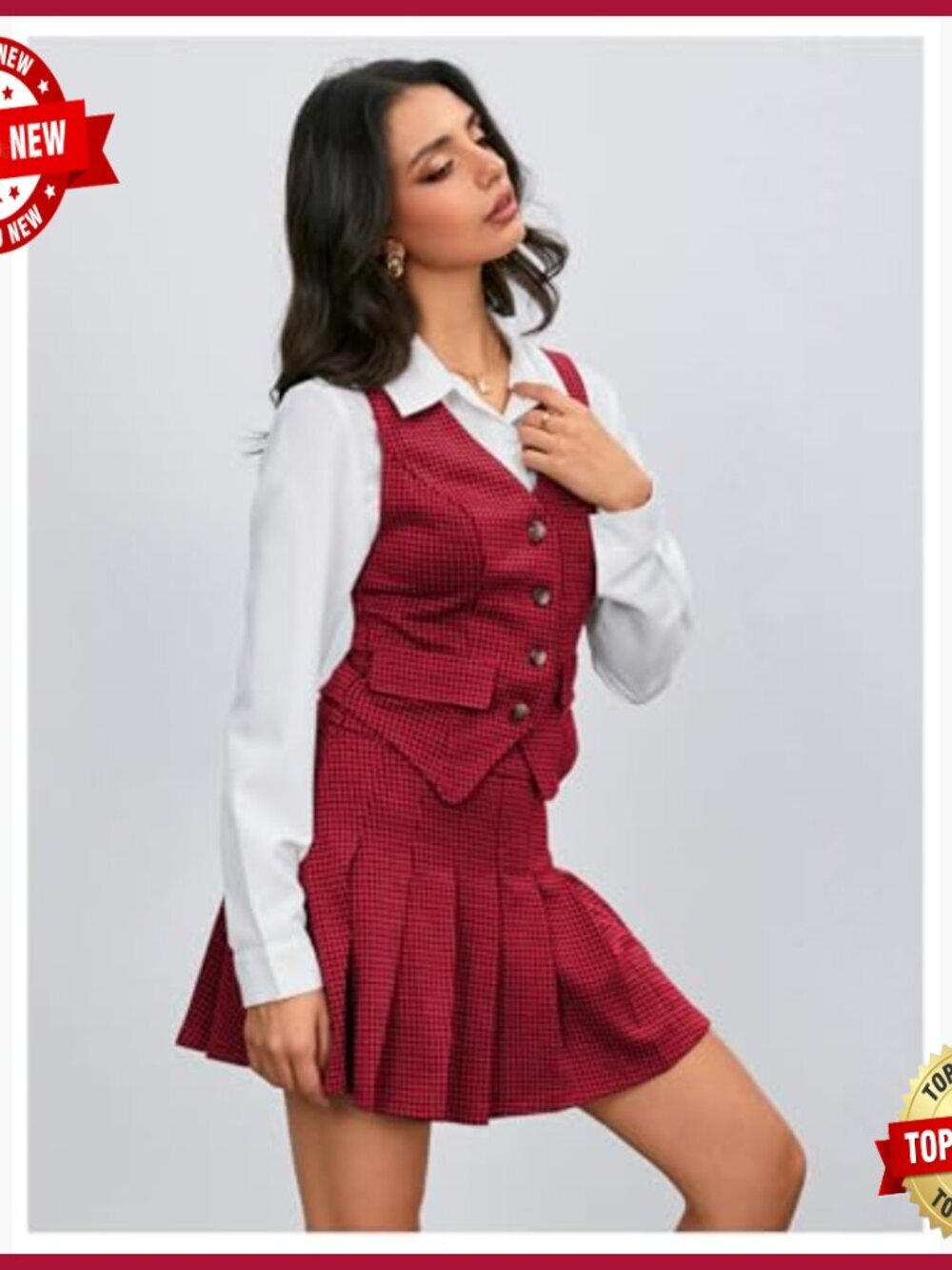 Plaid Skirt Set with Blazer Vest and Pleated Mini Skirt, Business Outfit - Picture 6 of 7